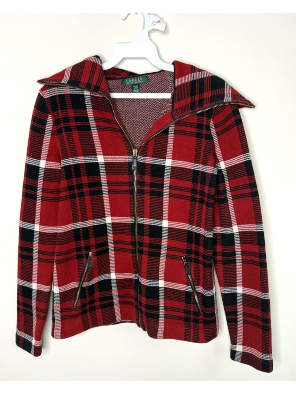Lauren Ralph Lauren Cardigan Sweater Plaid Knit Zip Collar Preppy